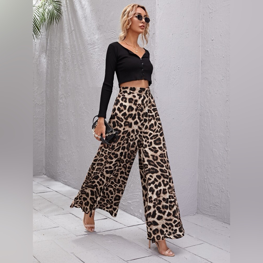 Women's Leopard Print Wide Leg Palazzo Pants Straight Loose Long Trousers